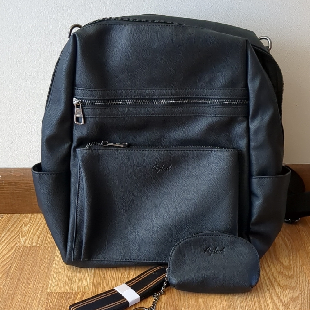 Black Pleather Vinyl Larger Backpack Purse Diaper Bag, NWOT